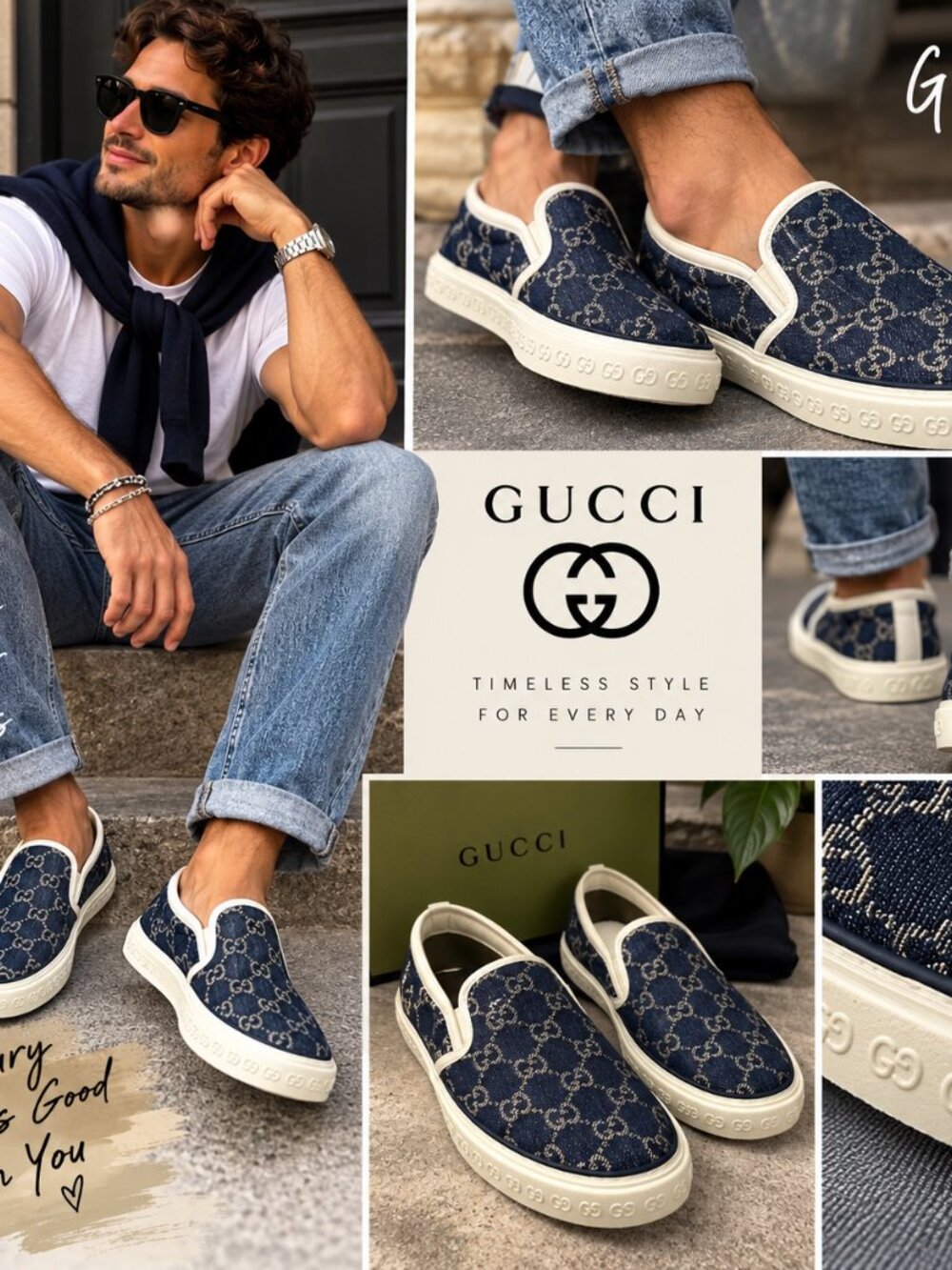 Gucci Men’s GG Monogram Denim Slip-On Sneakers Navy Blue